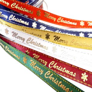 Κορδέλα Merry Christmas με μεταλλικό χρώμα γράμματα σατέν 10mm/18μέτρα καρούλι