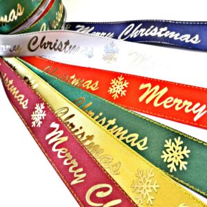 Κορδέλα Merry Christmas φαρδιά με μεταλλικό χρώμα γράμματα σατέν 25mm/9μέτρα καρούλι