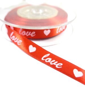 Κορδέλα Love με καρδιά κόκκινη σατέν 13mm/καρούλι 18 μέτρα