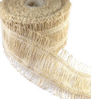 Κορδέλα φαρδιά πλεκτή με κρόσσια στις άκρες λινάτσα φυσικό 60mm/καρούλι 10μέτρα