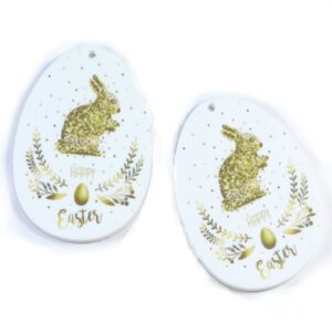 Αυγό «HAPPY Easter» με λαγουδάκι λαδί σε λευκό plexiglass κρεμαστό 58x44mm