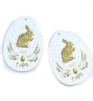 Αυγό «HAPPY Easter» με λαγουδάκι λαδί σε λευκό plexiglass κρεμαστό 58x44mm