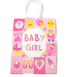 Σακούλα χάρτινη Baby Girl ρόζ με παιδικά σχέδια και στριφτό χερούλι 210x150mm/10 τμχ
