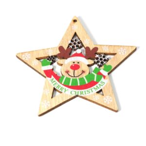 Αστέρι «Merry Christmas» μεγάλο διάτρητο με πολύχρωμο ελαφάκι και χιονονιφάδες ξύλινο κρεμαστό 101x107mm