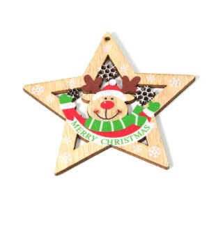 Αστέρι «Merry Christmas» μεγάλο διάτρητο με πολύχρωμο ελαφάκι και χιονονιφάδες ξύλινο κρεμαστό 101x107mm