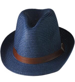 Καπέλο Ψάθινο τύπου Trilby One Size μπλέ navy με καφέ λουράκι 30x27cm