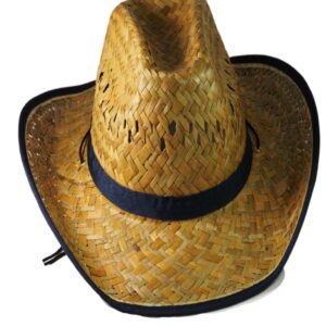 Καπέλο Ψάθινο τύπου Cowboy φυσικό χρώμα πλεκτό με μπλέ navy κορδέλα και κορδόνι με κούμπωμα 36x35cm