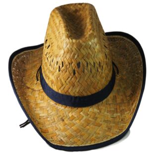 Καπέλο Ψάθινο τύπου Cowboy φυσικό χρώμα πλεκτό με μπλέ navy κορδέλα και κορδόνι με κούμπωμα 36x35cm