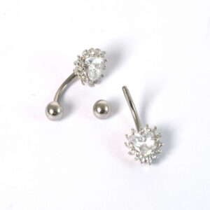 Σκουλαρίκι Piercing αφαλού σε σχήμα καρδιάς με διάφανο κρύσταλλο και ζιργκόν ασημί μεταλλικό ατσάλι 11x24mm