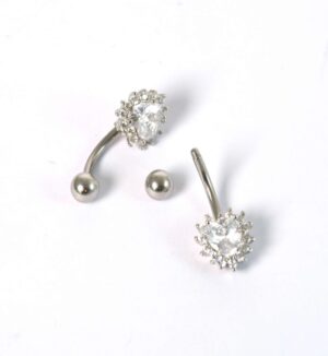 Σκουλαρίκι Piercing αφαλού σε σχήμα καρδιάς με διάφανο κρύσταλλο και ζιργκόν ασημί μεταλλικό ατσάλι 11x24mm