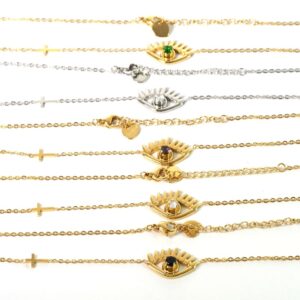 Ματάκι σχιστό με ζιργκόν στο κέντρο 12x21mm και σταυρό 11x5mm σε αλυσίδα ατσάλι 1.5mm μήκους 41cm και επέκταση 50mm