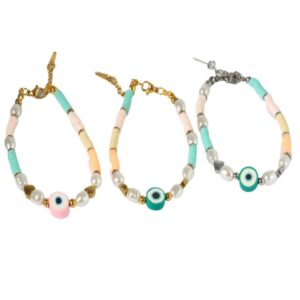 Βραχιόλι Eye with Colorful fimo beads & pearls μεταλλικό ατσάλι και επέκταση αλυσίδας 190-220mm