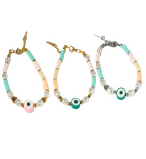Βραχιόλι Eye with Colorful fimo beads & pearls μεταλλικό ατσάλι και επέκταση αλυσίδας 190-220mm