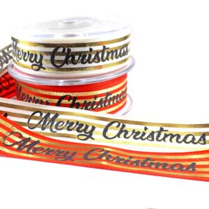 Κορδέλα Merry Christmas φαρδιά με χρυσές γραμμές υφασμάτινη 23mm/9μέτρα καρούλι