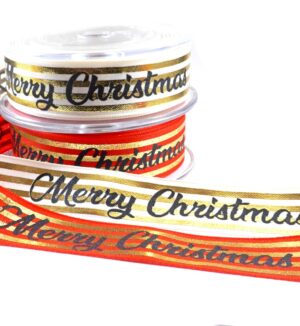 Κορδέλα Merry Christmas φαρδιά με χρυσές γραμμές υφασμάτινη 23mm/9μέτρα καρούλι