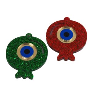 Ρόδι glitter plexiglass με ματάκι χρυσό-μπλέ-μαύρο plexiglass κρεμαστό 49x41mm