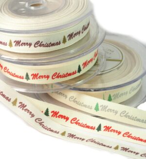Κορδέλα Merry Christmas κρέμ πλακέ υφασμάτινη 13mm/μέτρο