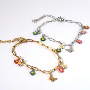 Αλυσίδα βραχιόλι Butterfly & Daisies τύπου Paperclip λεπτή πλακέ 3mm και επέκταση αλυσίδας ατσάλι 170-210mm
