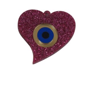 Καρδιά ρόζ glitter plexiglass με ματάκι χρυσό-μπλέ-μαύρο plexiglass κρεμαστό 44.5x44.5mm