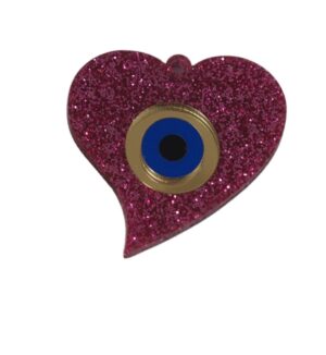 Καρδιά ρόζ glitter plexiglass με ματάκι χρυσό-μπλέ-μαύρο plexiglass κρεμαστό 44.5x44.5mm