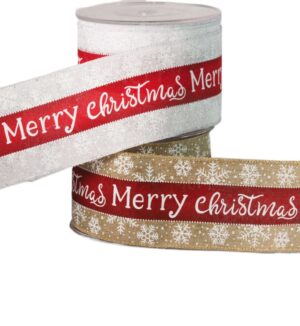 Κορδέλα Merry Christmas φαρδιά με λευκές χιονονιφάδες 67mm/καρούλι 9 μέτρα