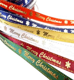 Κορδέλα Merry Christmas με μεταλλικό χρώμα γράμματα σατέν 10mm/μέτρο
