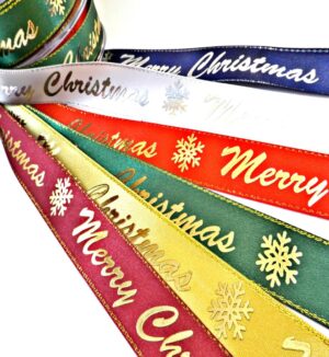 Κορδέλα Merry Christmas φαρδιά με μεταλλικό χρώμα γράμματα σατέν 25mm/μέτρο