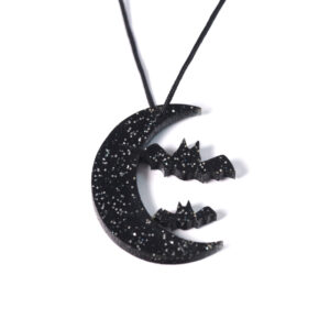 Φεγγάρι του Halloween με νυχτερίδες μαύρο glitter plexiglass κρεμαστό 37x32mm