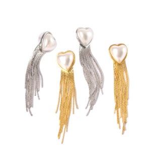 Σκουλαρίκια καρφωτά Hearts & Pearls with Trims μακρυά μεταλλικά ορείχαλκος και καρφί από ασήμι 925 78x14mm/σετ