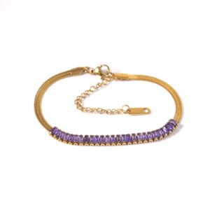 Βραχιόλι αλυσίδα χρυσή ατσάλι φίδι πλακέ Purple Chrystal Trim με κούμπωμα 3×1mm μήκος 18cm και επέκταση 50mm