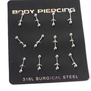 Καρτέλα Body Piercing μπάρα με διπλή μπίλια ασημί ατσάλινα σκουλαρικία 19x4mm/12τμχ