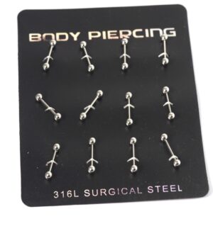 Καρτέλα Body Piercing μπάρα με διπλή μπίλια ασημί ατσάλινα σκουλαρικία 19x4mm/12τμχ