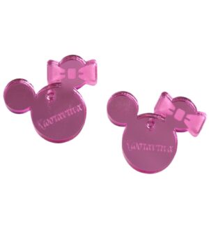 Minnie με φιόγκο ροζ μεταλλικό χρώμα plexiglass κρεμαστό με το δικό σας όνομα 22x28mm/30 τμχ