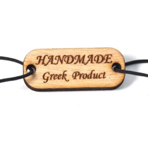 Ταμπέλα "HANDMADE Greek Product" φυσικός ξύλινος σύνδεσμος 15x37mm/10τμχ