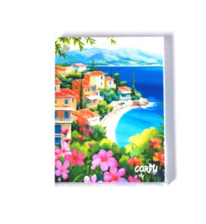 "CORFU" με σπίτια και θάλασσα τυπωμένο πολύχρωμο ορθογώνιο κρεμαστό plexiglass 44x35mm