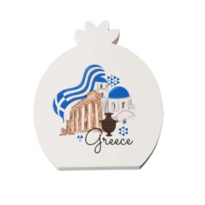 Ρόδι  “Greece” με ελληνική σημαία και μνημεία σε λευκό πλακέ κεραμικό επιτραπέζιο διακοσμητικό 72x66x11mm