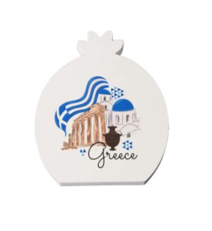 Ρόδι  “Greece” με ελληνική σημαία και μνημεία σε λευκό πλακέ κεραμικό επιτραπέζιο διακοσμητικό 72x66x11mm