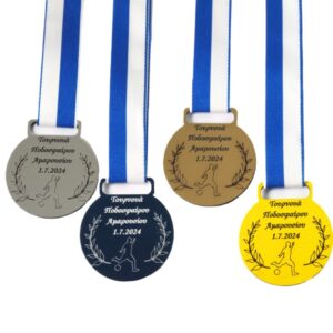 Μετάλλιο "Τουρνουά Ποδοσφαίρου" με το δικό σας κείμενο 55x50mm σε ματ χρώμα plexiglass κρεμαστό και κορδέλα μεταλλίων 20mm /10τμχ