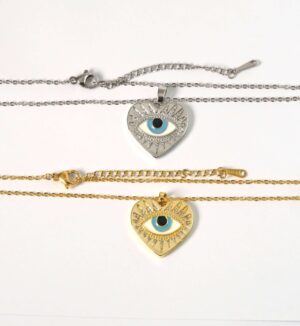 Κολιέ Heart with Sparkle Evil Eye 21x20mm σε cross πλακέ αλυσίδα ατσάλι 1.5mm μήκους 39cm και επέκταση 5cm