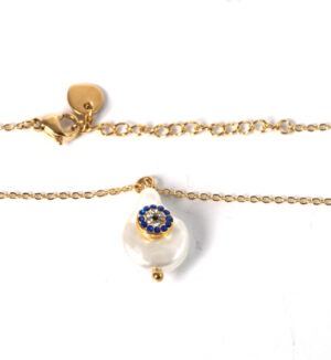 Κολιέ Assympetrical White Pearl & Zircon Round Blue Eye σε αλυσίδα ατσάλι 1.2mm μήκους 39cm και επέκταση 5cm