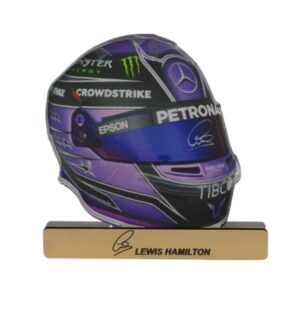 Κράνος Lewis Hamilton με χρυσό-μαύρο υπογραφή plexiglass επιτραπέζιο διακοσμητικό 85x90x8mm