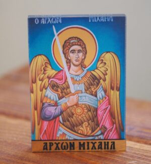 Αρχάγγελος Μιχαήλ σε τυρκουάζ φόντο εικόνα εκτυπωμένη σε διάφανο plexiglass επιτραπέζιο διακοσμητικό 90x66x0.8mm