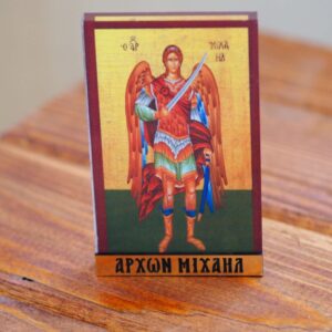 Αρχάγγελος Μιχαήλ σε χρυσό-πράσινο σκούρο φόντο κάθετη παραλληλόγραμμη εικόνα εκτυπωμένη σε διάφανο plexiglass επιτραπέζιο διακοσμητικό 90x60x0.8mm