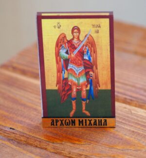 Αρχάγγελος Μιχαήλ σε χρυσό-πράσινο σκούρο φόντο κάθετη παραλληλόγραμμη εικόνα εκτυπωμένη σε διάφανο plexiglass επιτραπέζιο διακοσμητικό 90x60x0.8mm