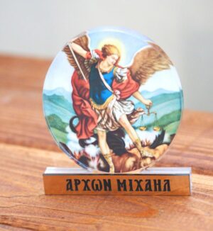 Αρχάγγελος Μιχαήλ στρογγυλή εικόνα εκτυπωμένη σε διάφανο plexiglass επιτραπέζιο διακοσμητικό 89x84x0.8mm