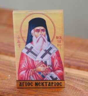 Άγιος Νεκτάριος σε χρυσό φόντο κάθετη παραλληλόγραμμη εικόνα εκτυπωμένη σε διάφανο plexiglass επιτραπέζιο διακοσμητικό 90x60x0.8mm
