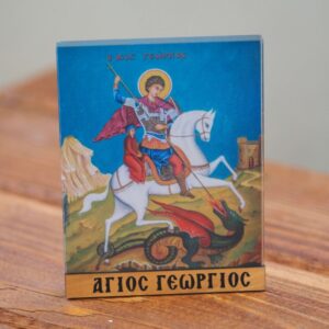 Άγιος Γεώργιος σε γαλάζιο φόντο κάθετη παραλληλόγραμμη εικόνα εκτυπωμένη σε διάφανο plexiglass επιτραπέζιο διακοσμητικό 90x70x0.8mm
