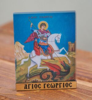 Άγιος Γεώργιος σε γαλάζιο φόντο κάθετη παραλληλόγραμμη εικόνα εκτυπωμένη σε διάφανο plexiglass επιτραπέζιο διακοσμητικό 90x70x0.8mm