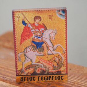 Άγιος Γεώργιος σε χρυσό φόντο κάθετη παραλληλόγραμμη εικόνα εκτυπωμένη σε διάφανο plexiglass επιτραπέζιο διακοσμητικό 90x65x0.8mm