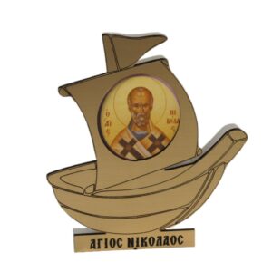 Άγιος Νικόλαος σε καράβι στρογγυλή εικόνα εκτυπωμένη σε λευκό plexiglass επιτραπέζιο διακοσμητικό 92x90x0.8mm